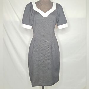 Designer La Redoute Vintage Black Midi Dress with White Trim. Size 8.